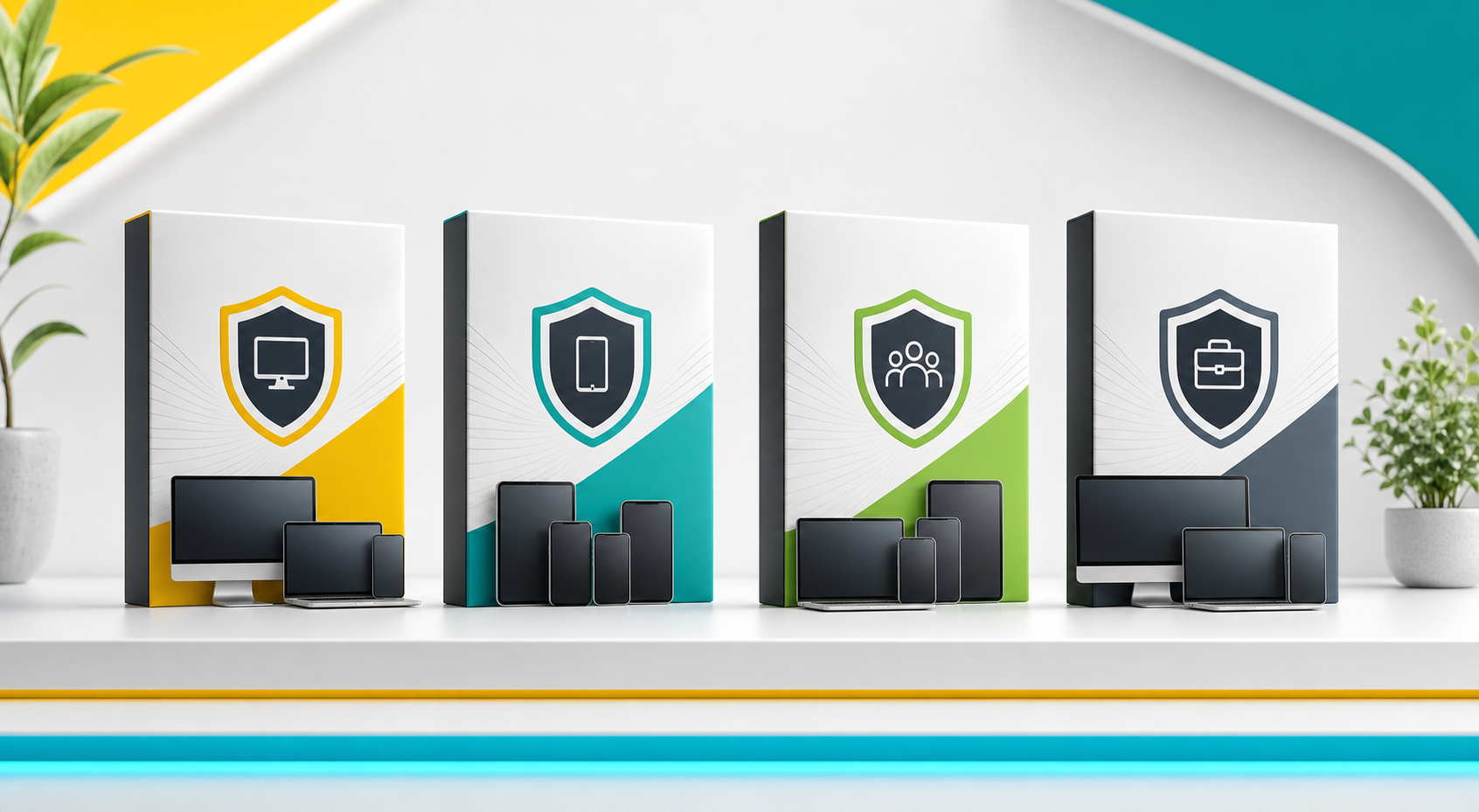 Generic software subscription boxes for device, mobile, family, and business security categories