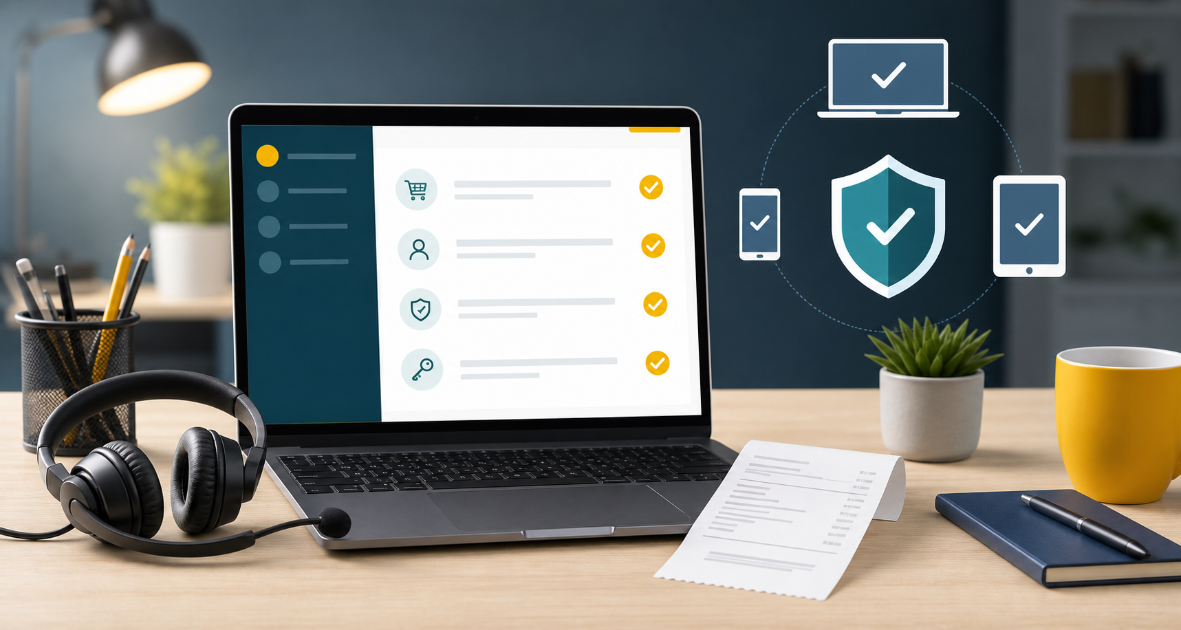 Support desk with a protected device checklist and secure activation concept